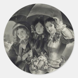Sticker Rond Filles victoriennes parapluie jour de pluie femme 