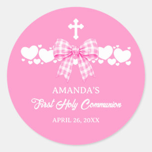 Sticker Rond Fillette Nœud à carreaux rose Première communion