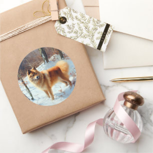 Sticker Rond Finnish Spitz Qu'il neige Noël
