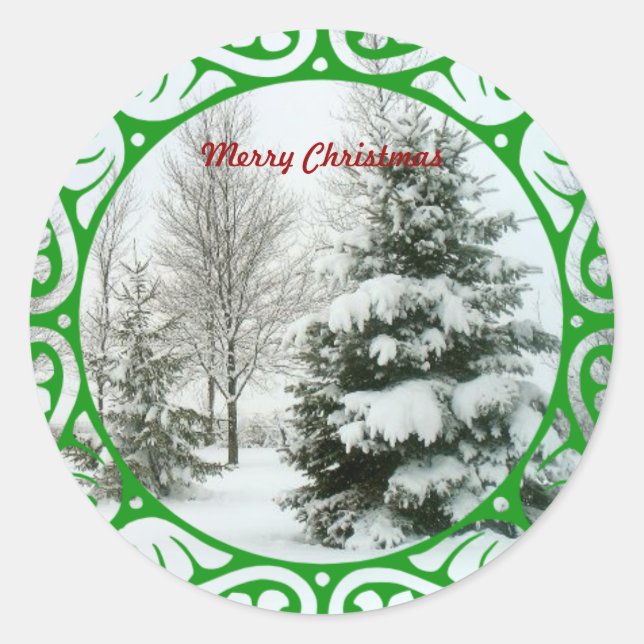 Sticker Rond Fir d'hiver, Joyeux Noël (Devant)