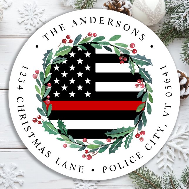 Sticker Rond Firefighter Mince Red Line Wreath Adresse de retou (Créateur téléchargé)