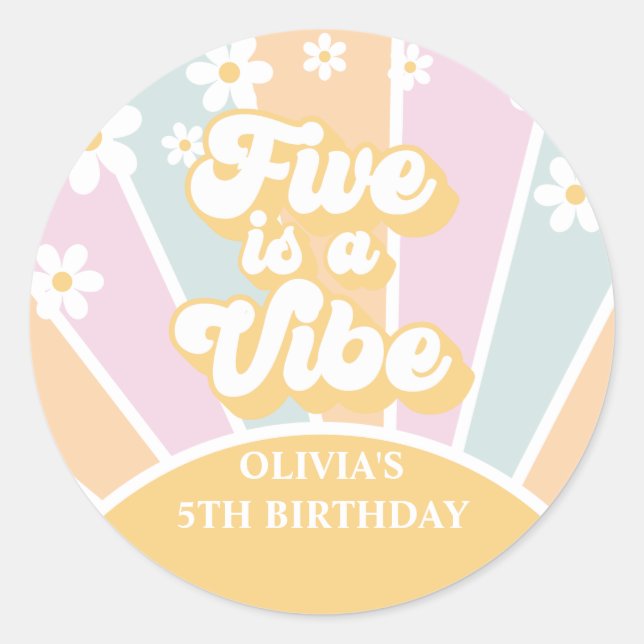 Sticker Rond Five est Vibe pastel Retro Sunshine daisy boho (Devant)