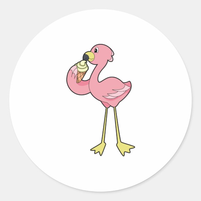 Sticker Rond Flamant rose à la crème glacée gaufre (Devant)