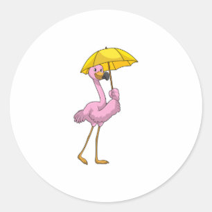 Sticker Rond Flamant rose à la pluie avec parapluie