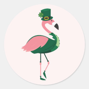 Sticker Rond Flamant rose Animal rose St Patrick's Day