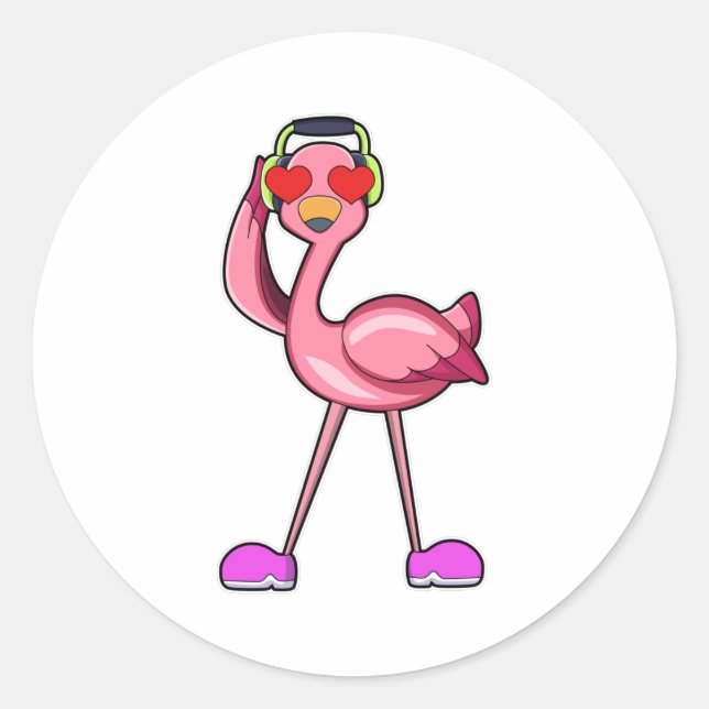 Sticker Rond Flamant rose avec casque & Coeurs (Devant)