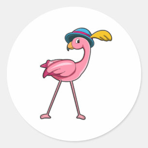 Sticker Rond Flamant rose avec Casquette & Plume