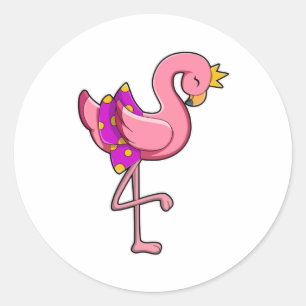 Sticker Rond Flamant rose avec couronne et jupe