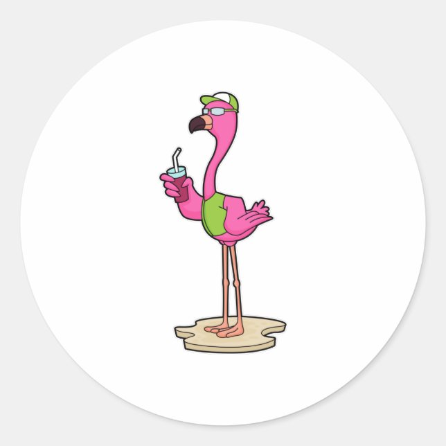 Sticker Rond Flamant rose avec Lunettes de soleil & Casquette (Devant)