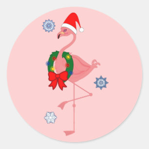 Sticker Rond Flamant rose avec Santa Hat et Wreath