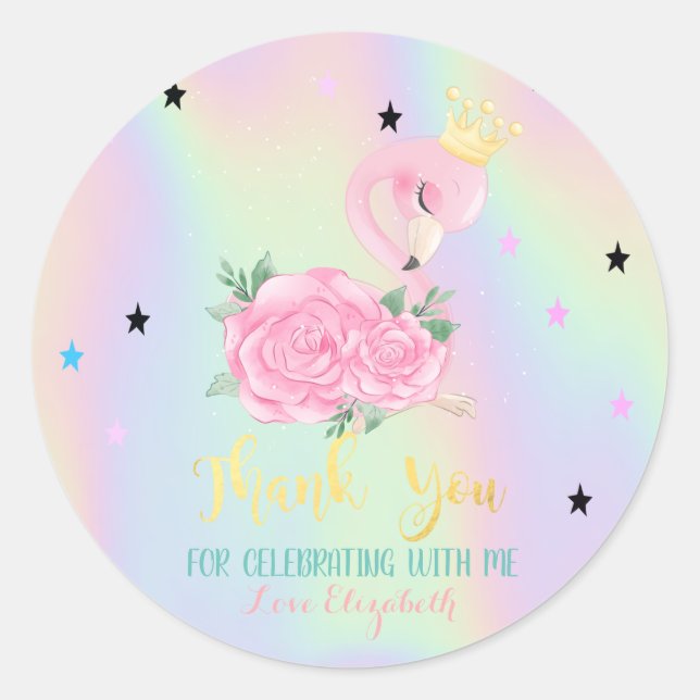 Sticker Rond Flamant rose bébé mignon, Étoiles, Holographique (Devant)