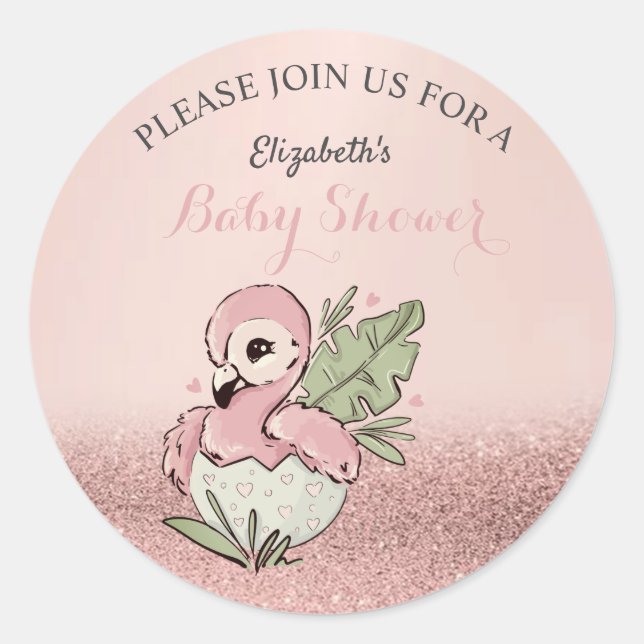 Sticker Rond Flamant rose bébé mignon Rose Parties scintillant  (Devant)