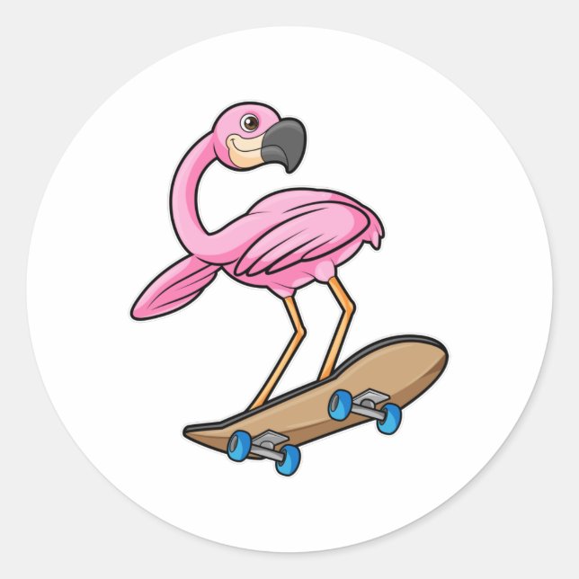 Sticker Rond Flamant rose comme Patineur avec Skateboard (Devant)
