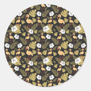 Sticker Rond Flamant rose continu motif fleurs jaune et blanc