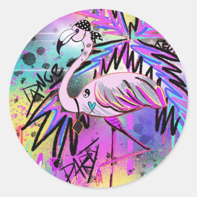 Sticker Rond Flamant rose customisé (Devant)