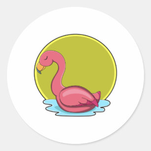 Sticker Rond Flamant rose dans l'eau avec soleil