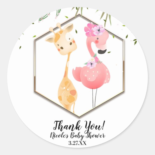 Sticker Rond Flamant rose d'aquarelle tropicale et Baby shower  (Devant)