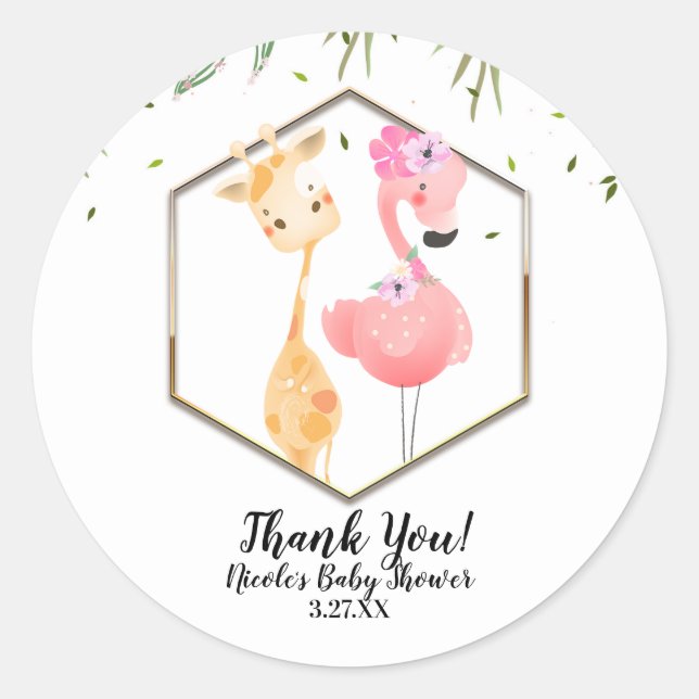 Sticker Rond Flamant rose d'aquarelle tropicale et Baby shower  (Devant)