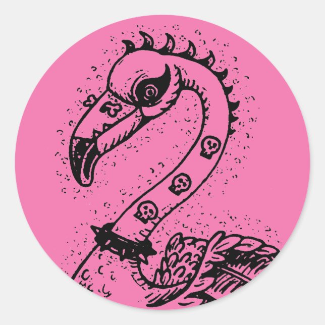 STICKER ROND FLAMANT ROSE DE ROCKER GOTH PUNK, HAULEURS, CHEVEU (Devant)