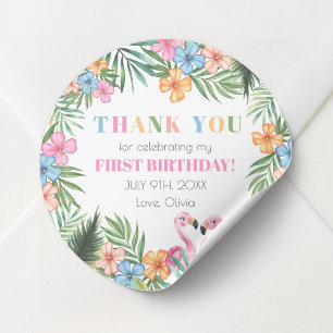Sticker Rond Flamant rose d'été tropical Enfants 1er anniversai