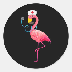 Sticker Rond Flamant rose d'infirmière - Amusant de Flamant ros