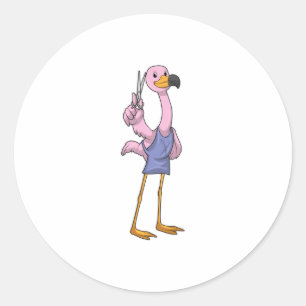 Sticker Rond Flamant rose en coiffeur avec ciseaux