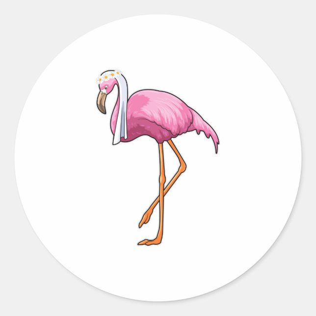 Sticker Rond Flamant rose en mariée avec voile (Devant)
