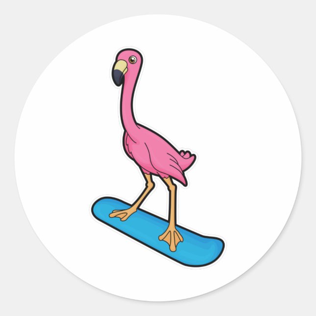 Sticker Rond Flamant rose en Snowboard avec Snowbaord (Devant)