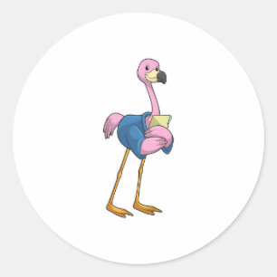 Sticker Rond Flamant rose en tant que secrétaire avec Bloc-note
