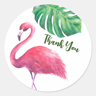 Sticker Rond Flamant rose et feuilles tropicales Merci