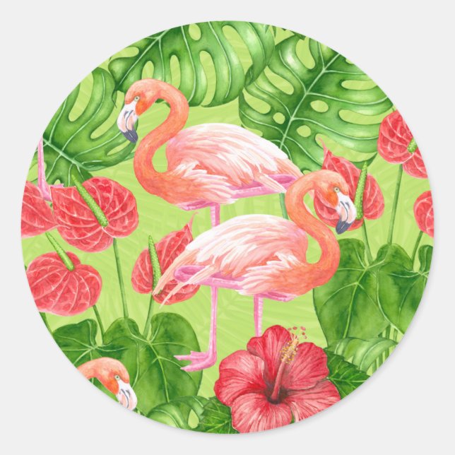 Sticker Rond Flamant rose et plantes tropicaux (Devant)
