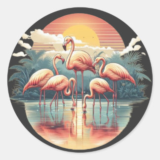 Sticker Rond Flamant rose Famille Amusants