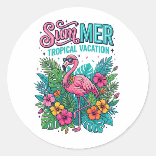 Sticker Rond Flamant Rose Floral Tropical - vacances d'été 