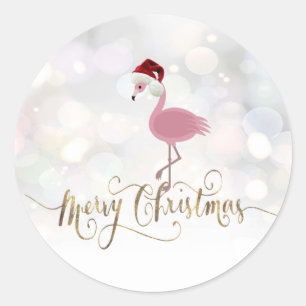 Sticker Rond Flamant Rose Mignon Avec Chapeau De Père Noël