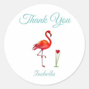 Sticker Rond Flamant Rose Mignon & Merci Cœur
