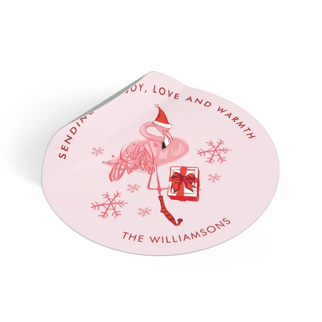 Sticker Rond Flamant Rose Noël Côté Mer Aquarelle (Pink Flamingo Coastal Christmas Watercolor Classic Round Sticker)