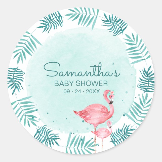Sticker Rond Flamant rose & Palm Feuilles Turquoise Baby shower (Devant)