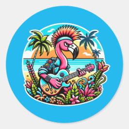 Sticker Rond Flamant rose Rockstar dans Paradise Punk Vibes tro
