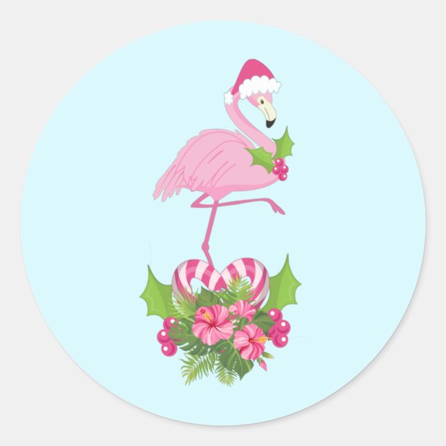 Sticker Rond Flamant rose rose à Santa Hat Noël Whimsical (Devant)