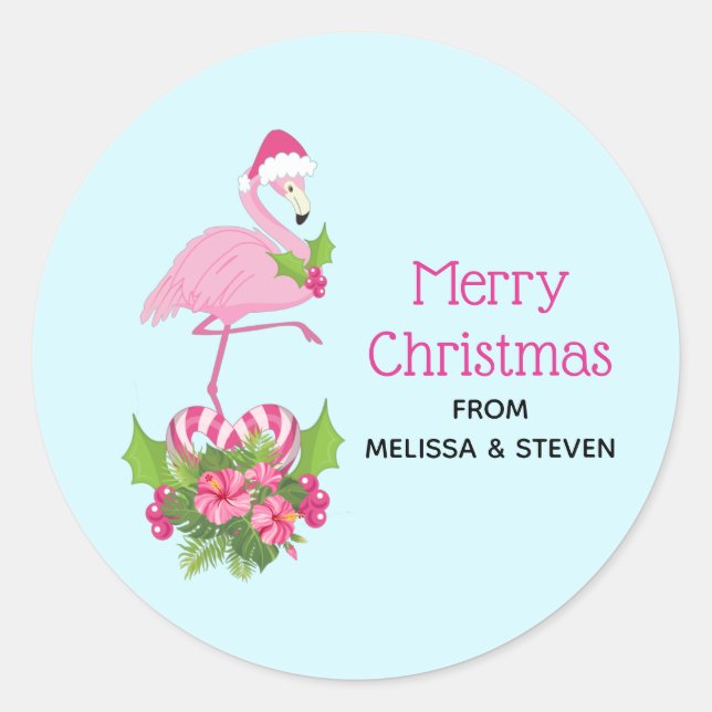 Sticker Rond Flamant rose rose à Santa Hat Noël Whimsical (Devant)