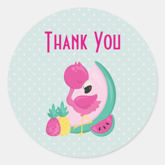 Sticker Rond Flamant rose rose avec pastèque et ananas (Devant)