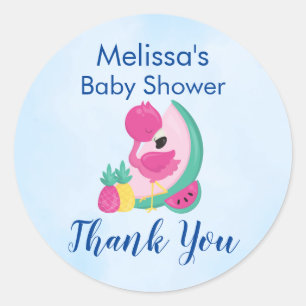 Sticker Rond Flamant rose rose avec pastèque et ananas