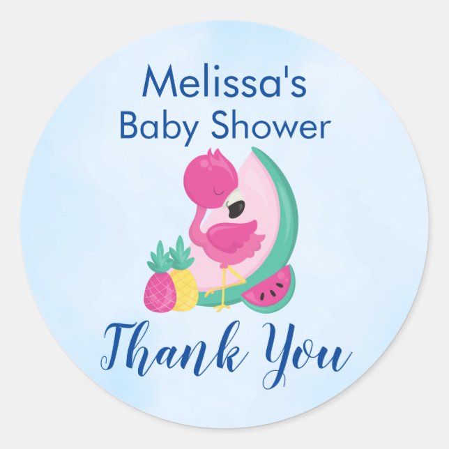 Sticker Rond Flamant rose rose avec pastèque et ananas (Devant)