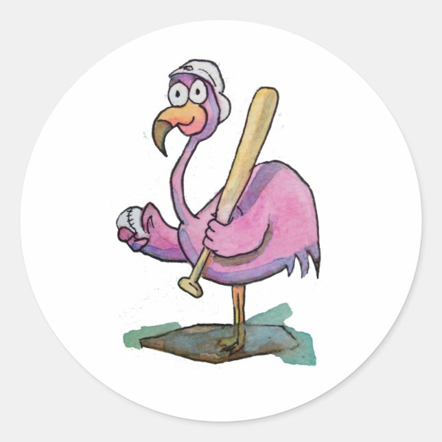 Sticker Rond Flamant rose rose baseball Whimsical Aquarelle (Devant)