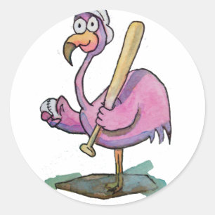 Sticker Rond Flamant rose rose baseball Whimsical Aquarelle