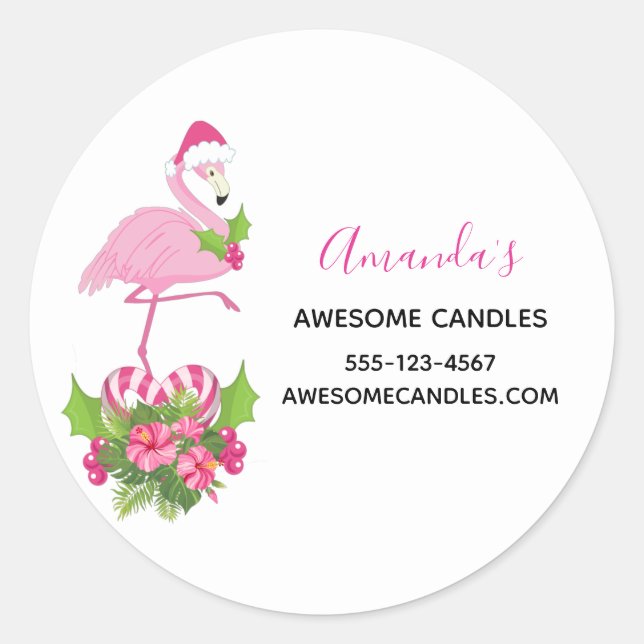 Sticker Rond Flamant rose rose dans Santa Hat Whimsical Christm (Devant)