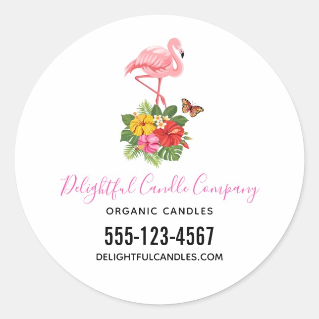 Sticker Rond Flamant rose rose et Hibiscus tropical Fancy Busin (Devant)
