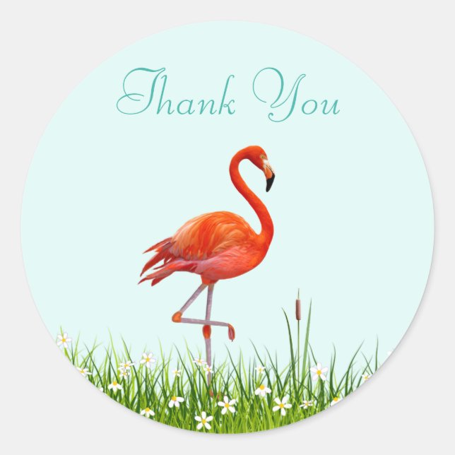 Sticker Rond Flamant rose rose & Fleurs Merci (Devant)