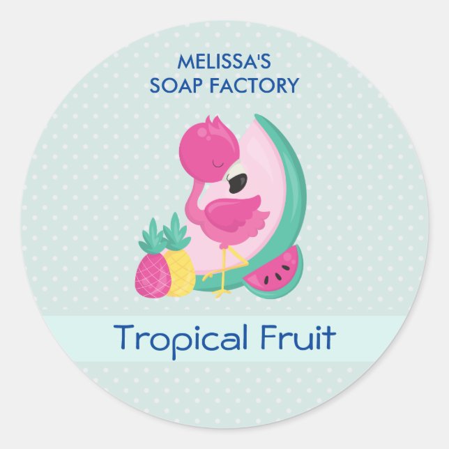 Sticker Rond Flamant rose rose & Fruits Savon parfums (Devant)