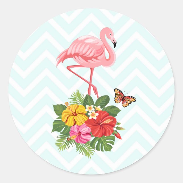 Sticker Rond Flamant rose rose & Hibiscus Tropical Fancy (Devant)